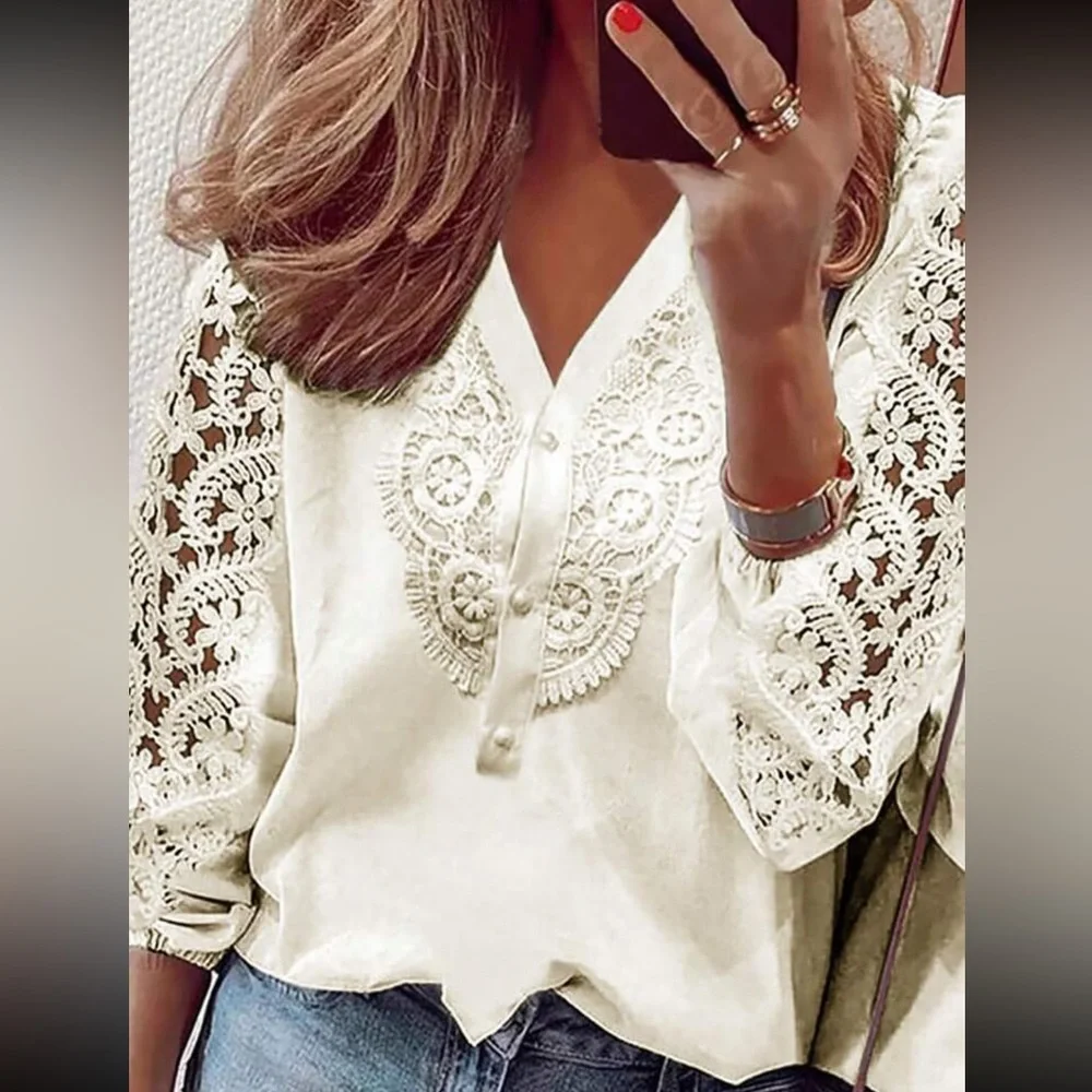 Luxe lace detail V neck blouse